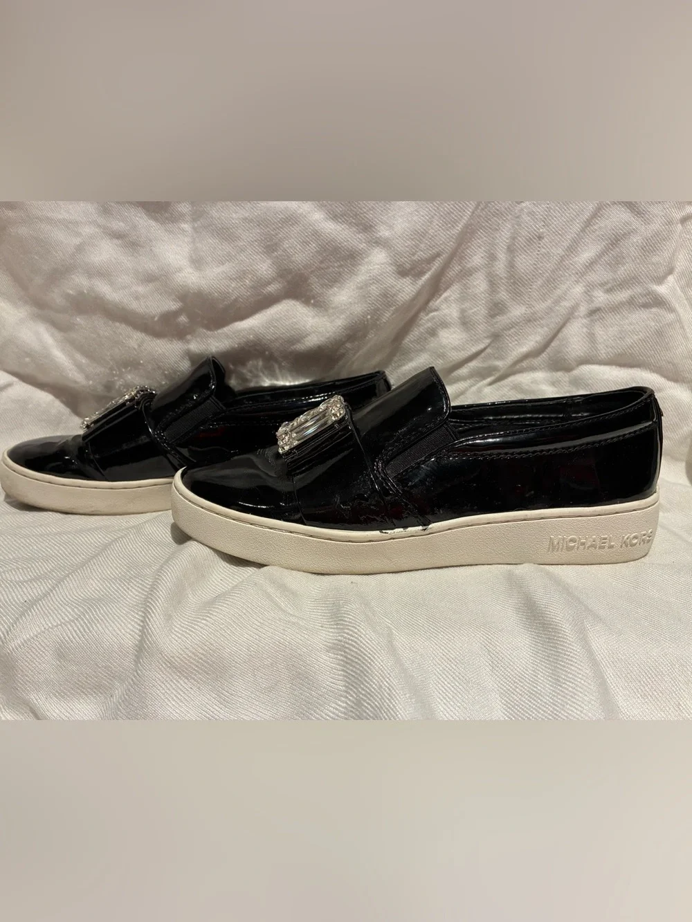 Michael Kors Black Patent Slip-On Sneakers with Crystal Bar Detail, sz 5